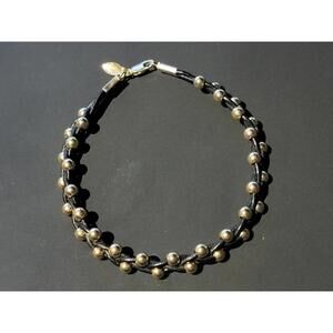 JCM 14K Yellow Gold Bead And Black Leather Braided Bracelet 7”